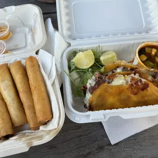 Quesa Burria tacos on the right (spring rolls from a different food truck)