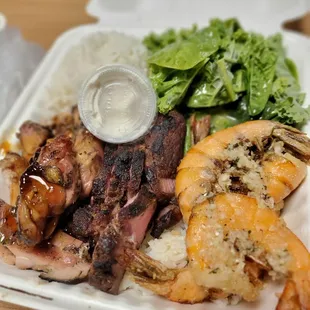 BBQ chicken, steak, garlic shrimp