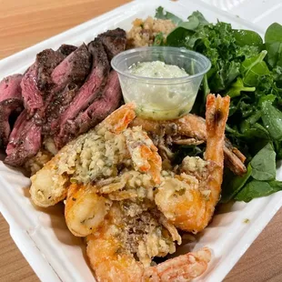 steak, shrimp, and spinach