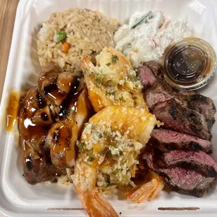 Ultimate Mix Plate (bbq chicken, steak, garlic shrimp)
