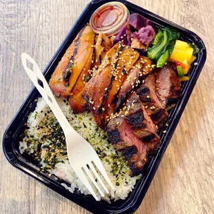 Bento with Steak and BBQ Chicken.