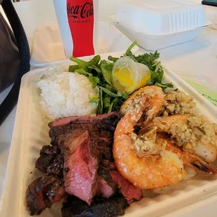 Garlic Shrimp was huge,steak cooked med. rare. Rice/toss salad w/the garlic butter &amp; lilikoi vinegarette was all worth the $16.99 plate!