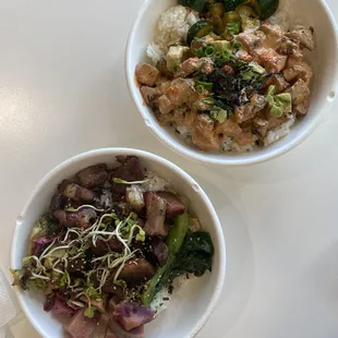 Top - Poke and Strak bowl. Bottom Build your own bowl  with kiawe smoke meat.