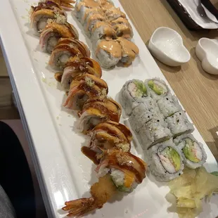 Dynamite roll, California roll, and spicy salmon roll