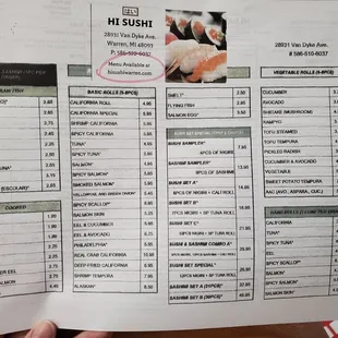 a menu for a sushi restaurant
