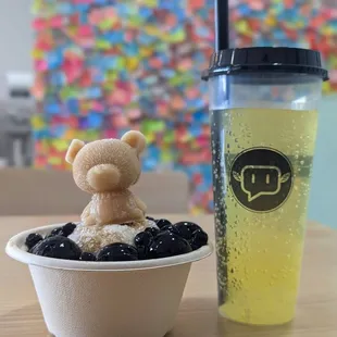 Our brown sugar shaved ice and passionfruit lemon with crystal boba