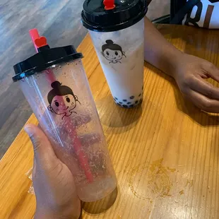 Left: Strawberry Boom w/ Mango Jelly Right: Green Milk Tea with Boba
