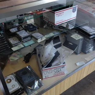 Computer parts. Hard drives, memory, flash drives and external drives