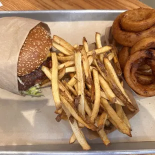 Craft Beef Battered Onion Rings, potato fries, The Hamburger