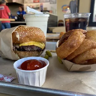Double Cheeseburger with Beer Battered Onions Rings