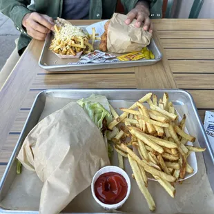 Fried Chicken Sandwiches (one with lettuce wrap) and Garlic Fries + Hand Cut French Fries