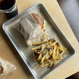 Burger and garlic fries