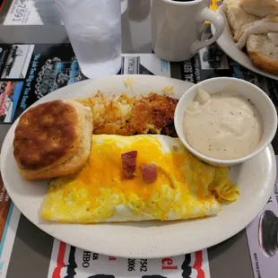 an omelet, biscuits, and coffee