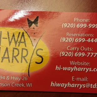 Hi-Way Harry's business card.