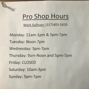 Pro Shop Hours