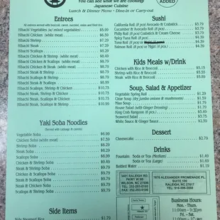 Hibachi 101&apos;s menu with current prices and hours