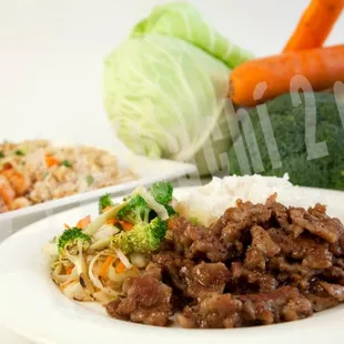 a plate of meat and vegetables