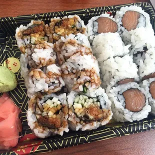 My 2 roll lunch special: eel w/ cucumber on the left and tuna roll on the right.