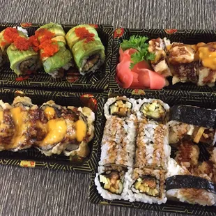 Left to right top row: dragon, sassy. Left to right bottom: Godzilla, eel and cucumber, shrimp tempura