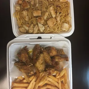 Chicken noodles and wings with f.fries