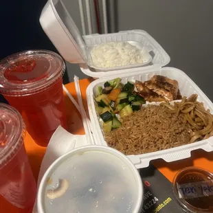HIBACHI BENTO ENTREES SALMON EXTRA STEAMED RICE FRUIT PUNCH VEGETABLE FRIED RICE