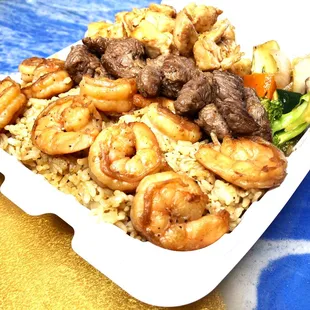 shrimp, beef, and broccoli