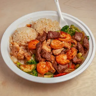 Hibachi Steak, Shrimp and Chicken. Freshly made to order. 100% halal