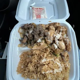 a meal in a styrofoam container