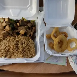 Veggies under a thin layer of Chicken and Steak($8.45). Five Calamari rings($4). #SmallPortions