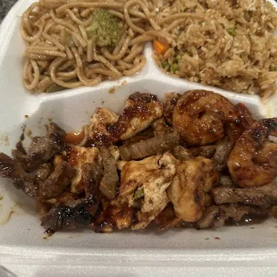 Hibachi sampler-chicken, shrimp, and steak with fried rice and lo-mein