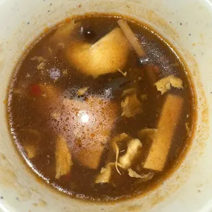 Hot and sour soup, spicy- lots of tofu. It&apos;s yummy.