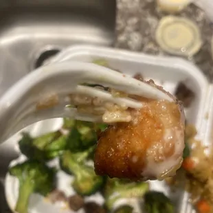 Hibachi shrimp With some kind of coating on it that I have never seen in life . Nasty as hell