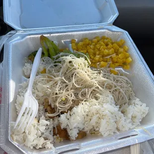 rice, corn, broccoli, chicken and mushrooms, and rice noodles