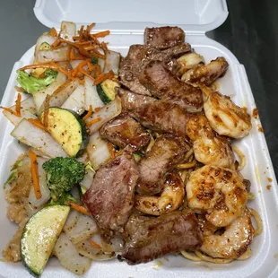 Steak and shrimp with fried rice and noodles!