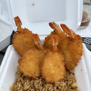 Zodiac Shrimp, Spicy and Fried Rice (forgot their Zodiac Sauce in photo) Homemade one of a kind recipe so YUM