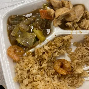 a meal in a styrofoam container