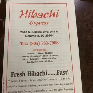 a menu for fresh hibachi fast food