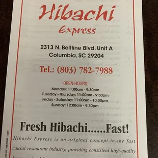 menu for fresh hibachi fast