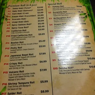 Sushi menu