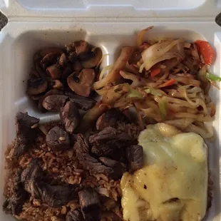Steak and shrimp with egg yolk sauce