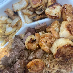 Steak, shrimp, scallops