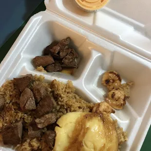 Steak and shrimp with egg yolk sauce