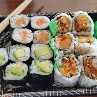 Salmon roll, avacado roll, and sweet potato roll lunch special