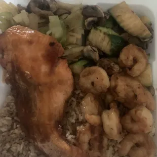Salmon and Shrimp with veggies hibachi bowl to go.