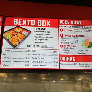 Bento Box, Poke Bowl, Drinks