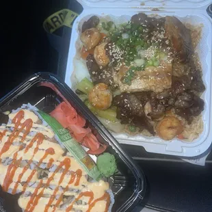 Beef, Shrimp and Salmon Hibachi Combo &amp; Spicy Salmon Roll