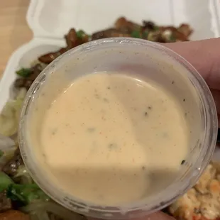 a hand holding a container of food