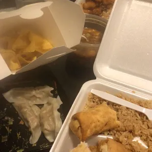 Crab rangoon, steamed dumplings, hot and sour, orange chicken, and almond chicken!!