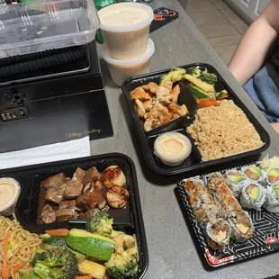 Salmon avocado roll, Tampa roll, steak/chicken/scallops hibachi hibachi and a nice tub of yum yum sauce