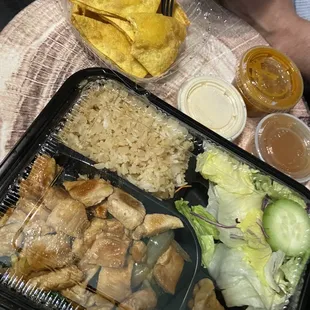 Chicken Deluxe Bento and side of crab Rangoon $23